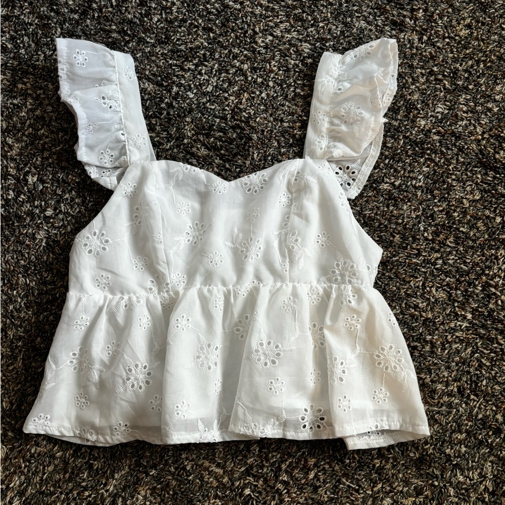 SHEIN White Eyelet Ruffle Blouse